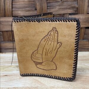 Vintage Tan Leather Book Cover with Praying Hands Design